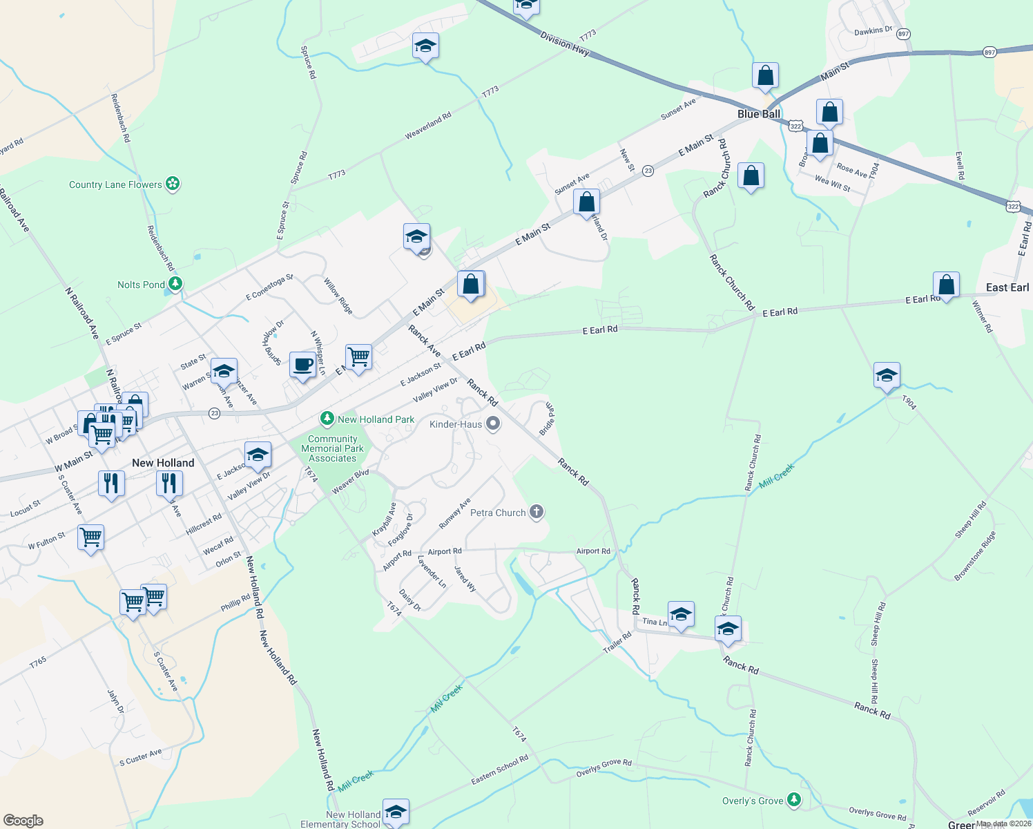 map of restaurants, bars, coffee shops, grocery stores, and more near 437 Ranck Road in New Holland