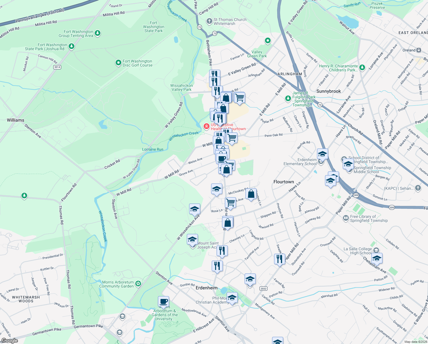 map of restaurants, bars, coffee shops, grocery stores, and more near 32 College Avenue in Flourtown