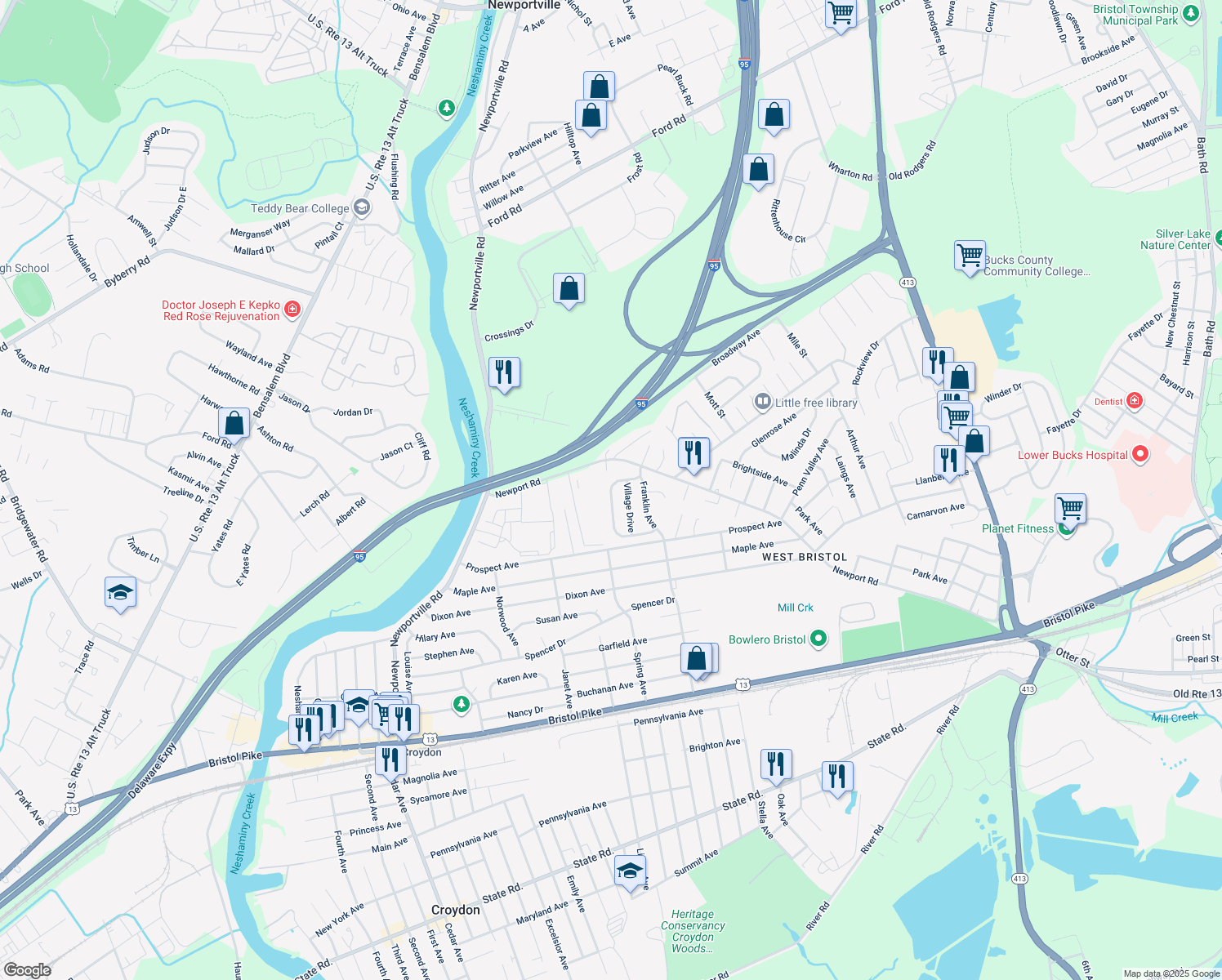 map of restaurants, bars, coffee shops, grocery stores, and more near 1978 Colonial Dr in Croydon