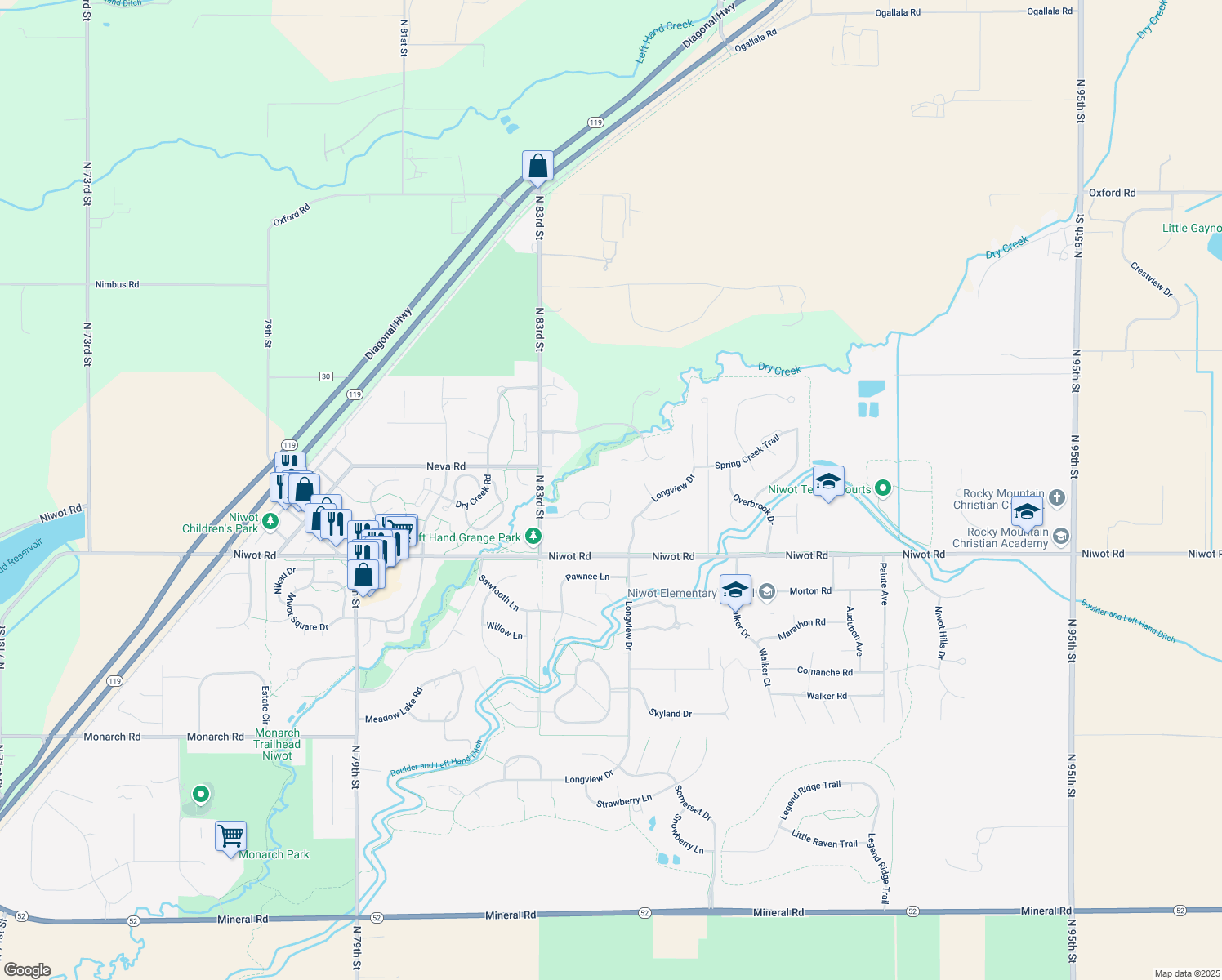 map of restaurants, bars, coffee shops, grocery stores, and more near 7199 Stable Drive in Longmont