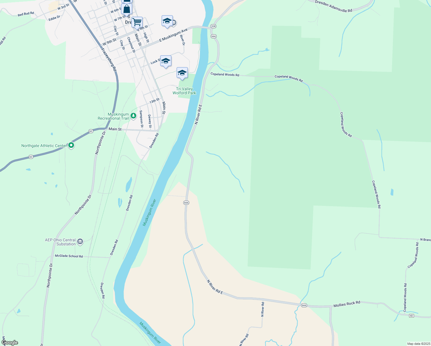 map of restaurants, bars, coffee shops, grocery stores, and more near 10200 North River Road East in Dresden