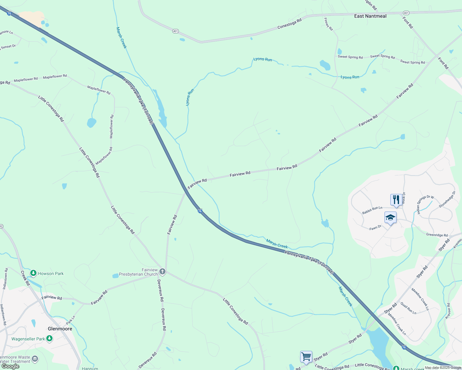 map of restaurants, bars, coffee shops, grocery stores, and more near in Glenmoore