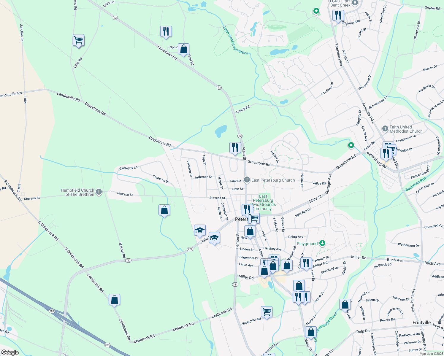 map of restaurants, bars, coffee shops, grocery stores, and more near 6350 Lemon Street in East Petersburg