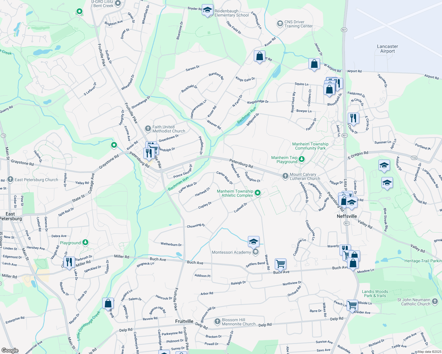 map of restaurants, bars, coffee shops, grocery stores, and more near 330 Carter Moir Drive in Lancaster