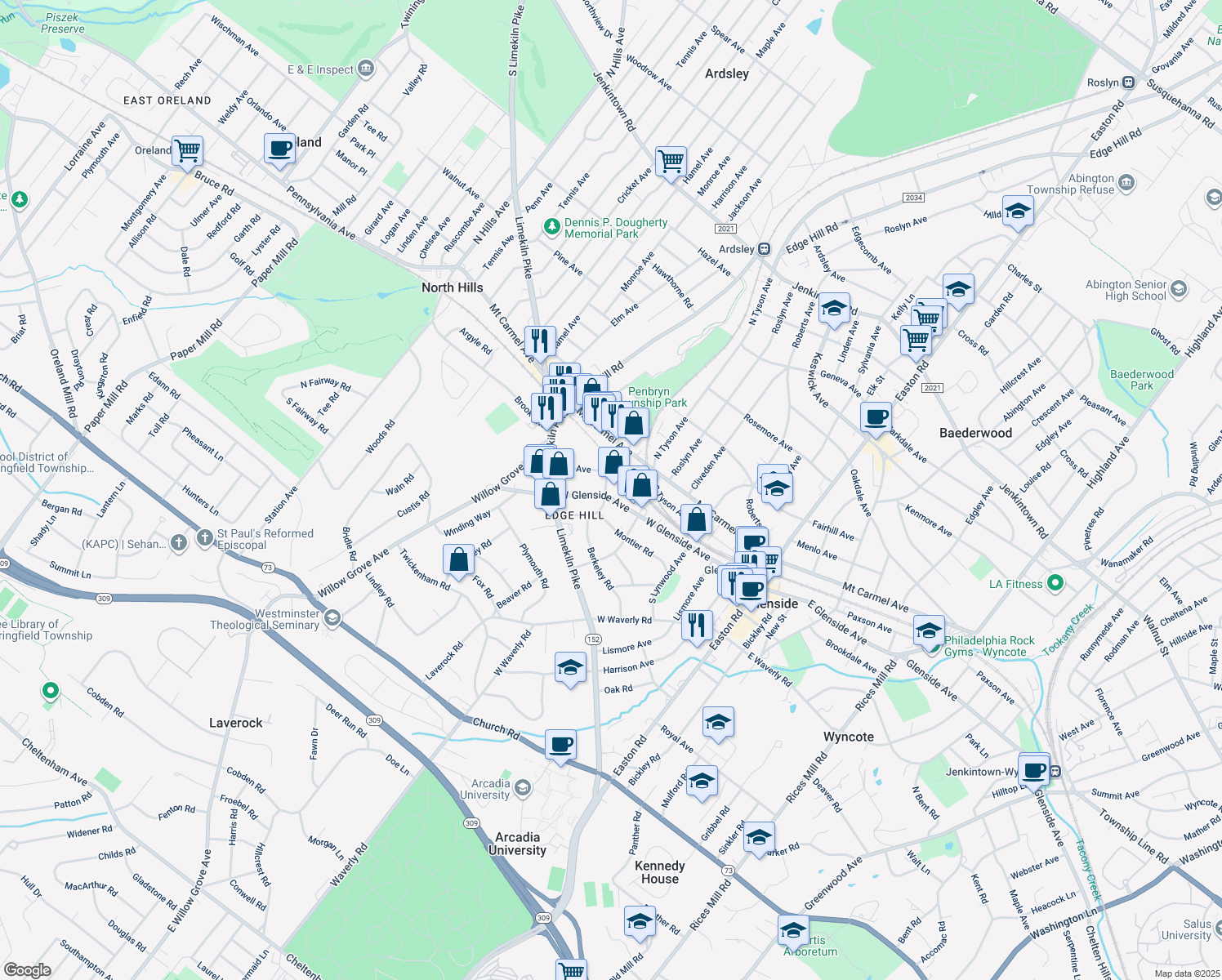 map of restaurants, bars, coffee shops, grocery stores, and more near 437 West Glenside Avenue in Glenside