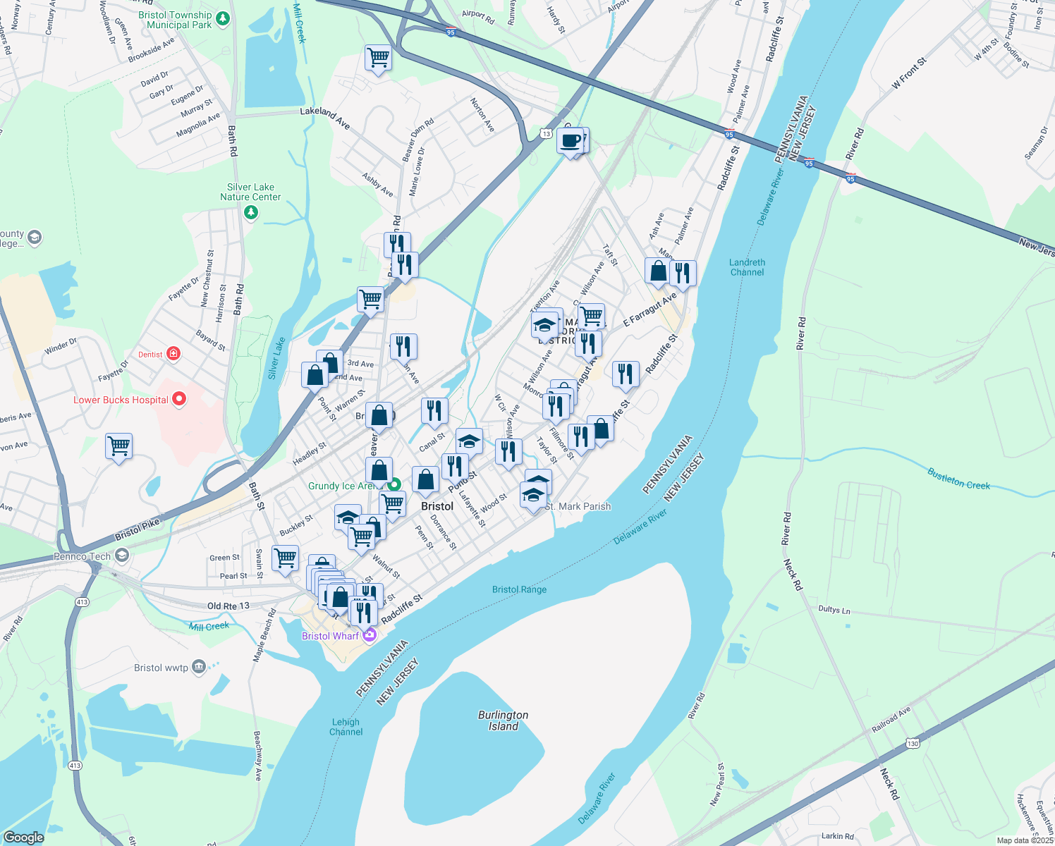 map of restaurants, bars, coffee shops, grocery stores, and more near West Circle in Bristol