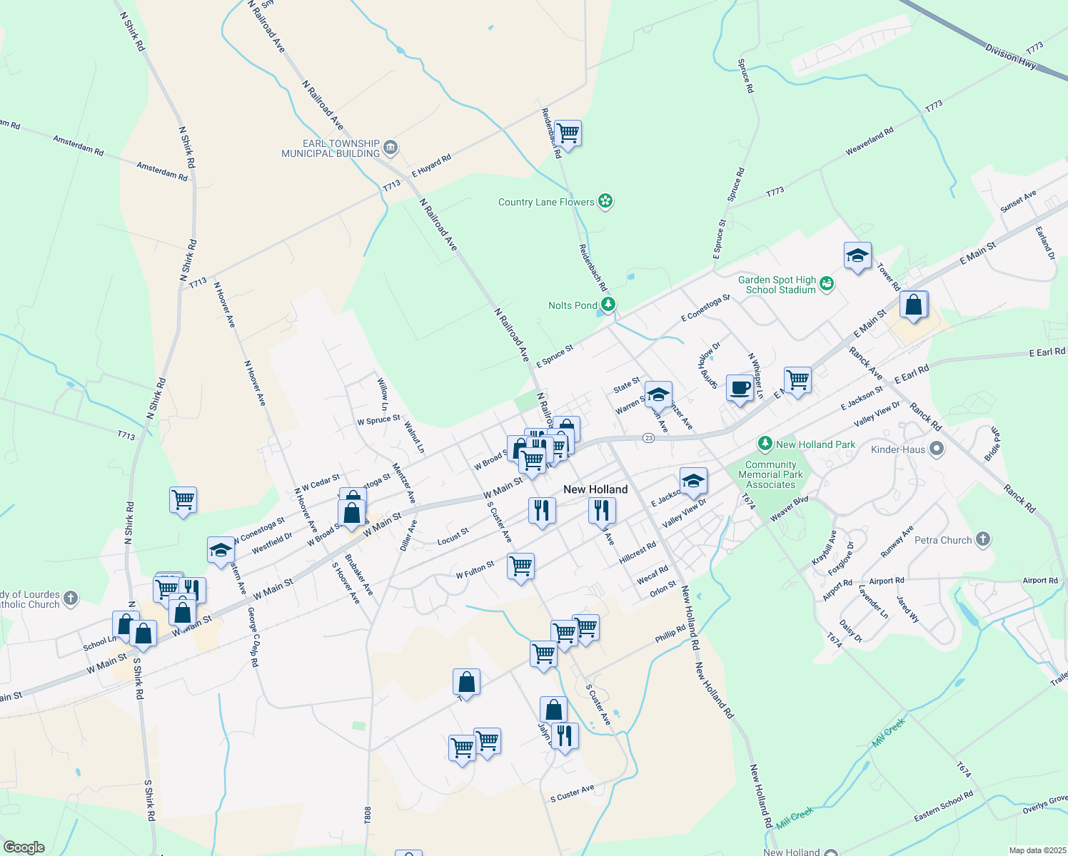 map of restaurants, bars, coffee shops, grocery stores, and more near 1 Kutz Avenue in New Holland