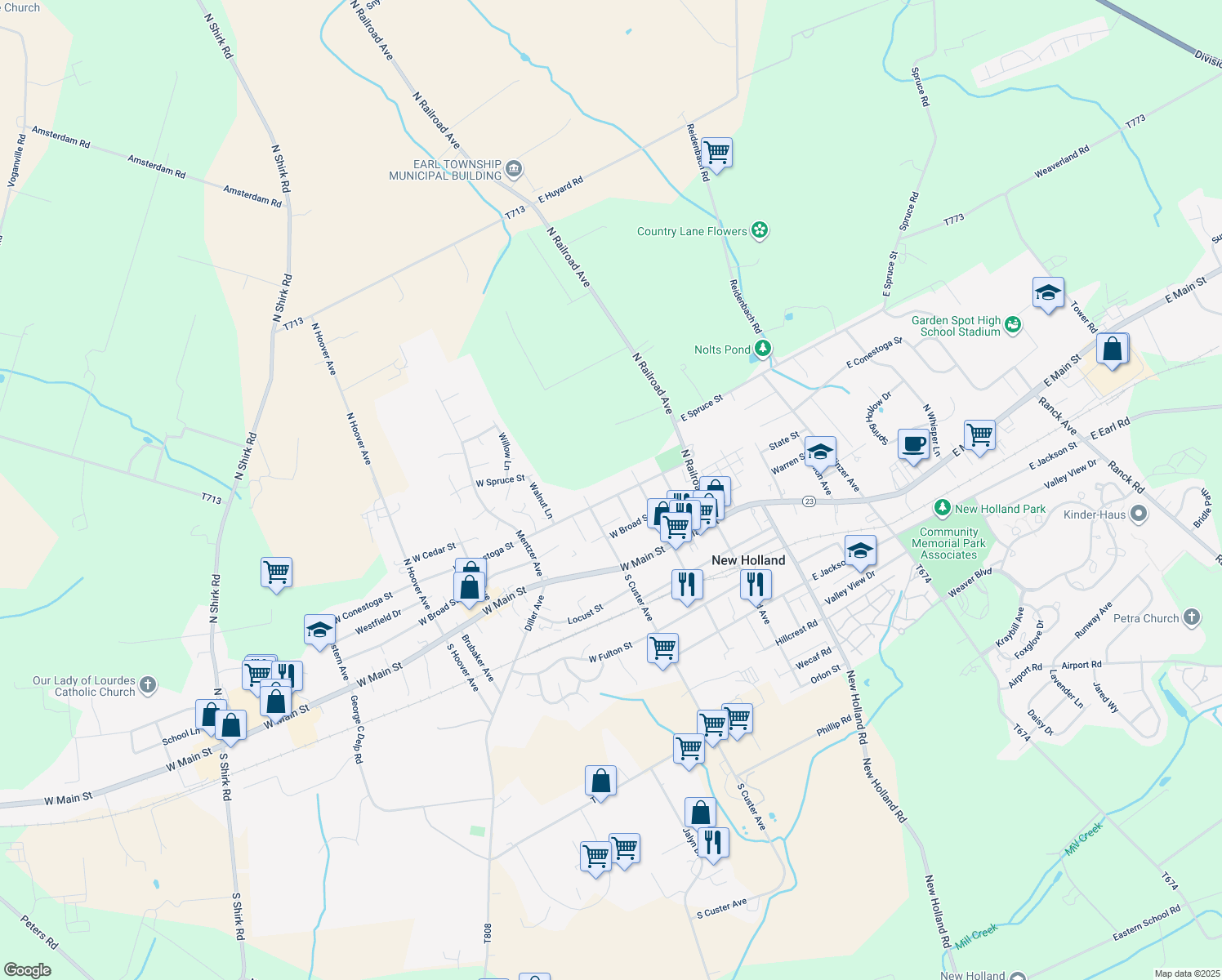 map of restaurants, bars, coffee shops, grocery stores, and more near 115 West Conestoga Street in New Holland