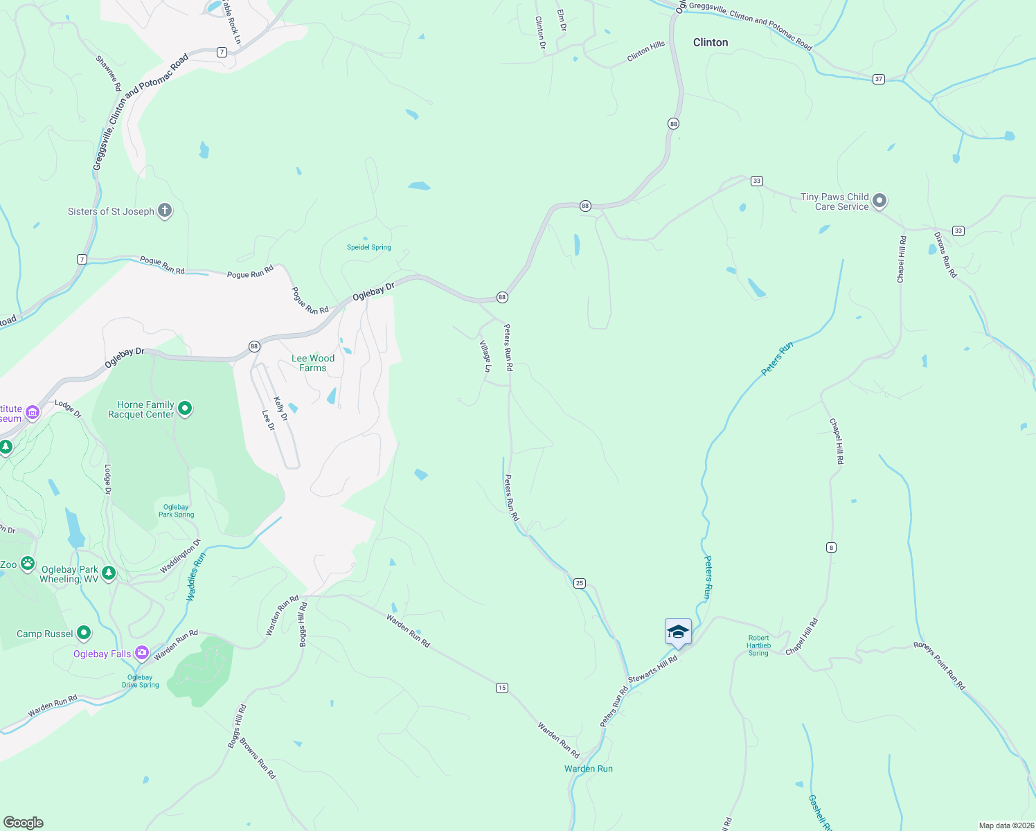 map of restaurants, bars, coffee shops, grocery stores, and more near 4274 Peters Run Road in Wheeling