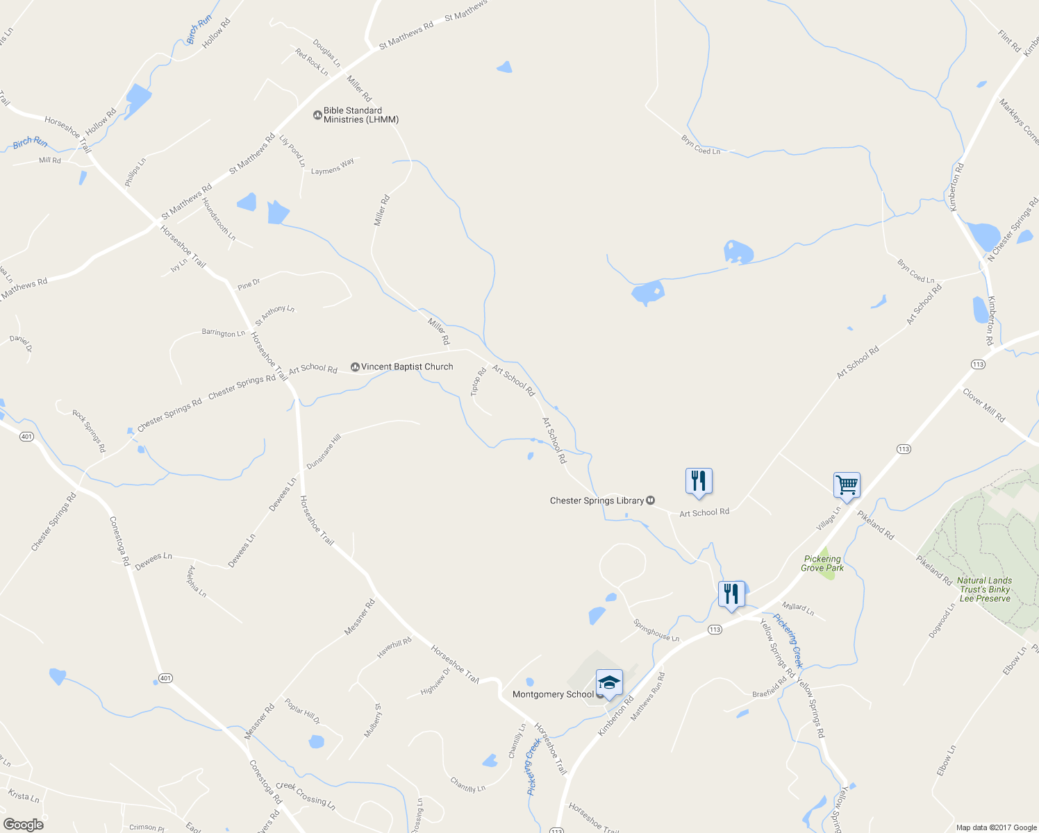 map of restaurants, bars, coffee shops, grocery stores, and more near 1902 Art School Road in Chester Springs