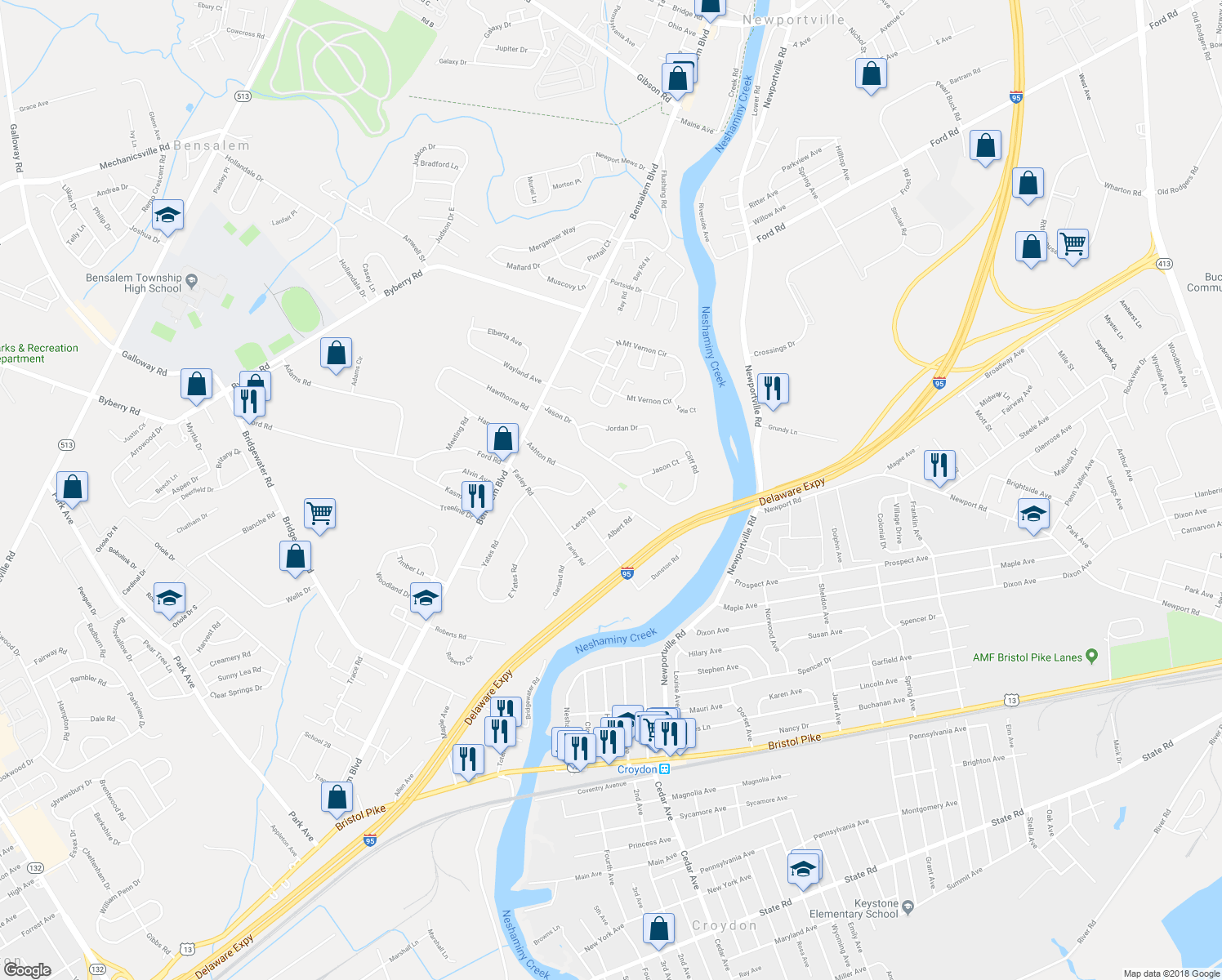 map of restaurants, bars, coffee shops, grocery stores, and more near 4768 Lerch Road in Bensalem