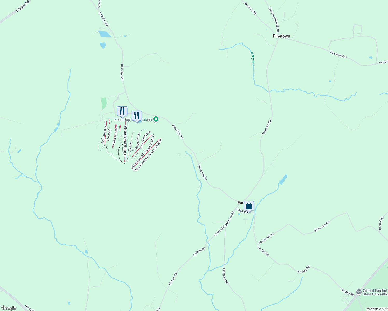 map of restaurants, bars, coffee shops, grocery stores, and more near 1325 Roundtop Road in Lewisberry
