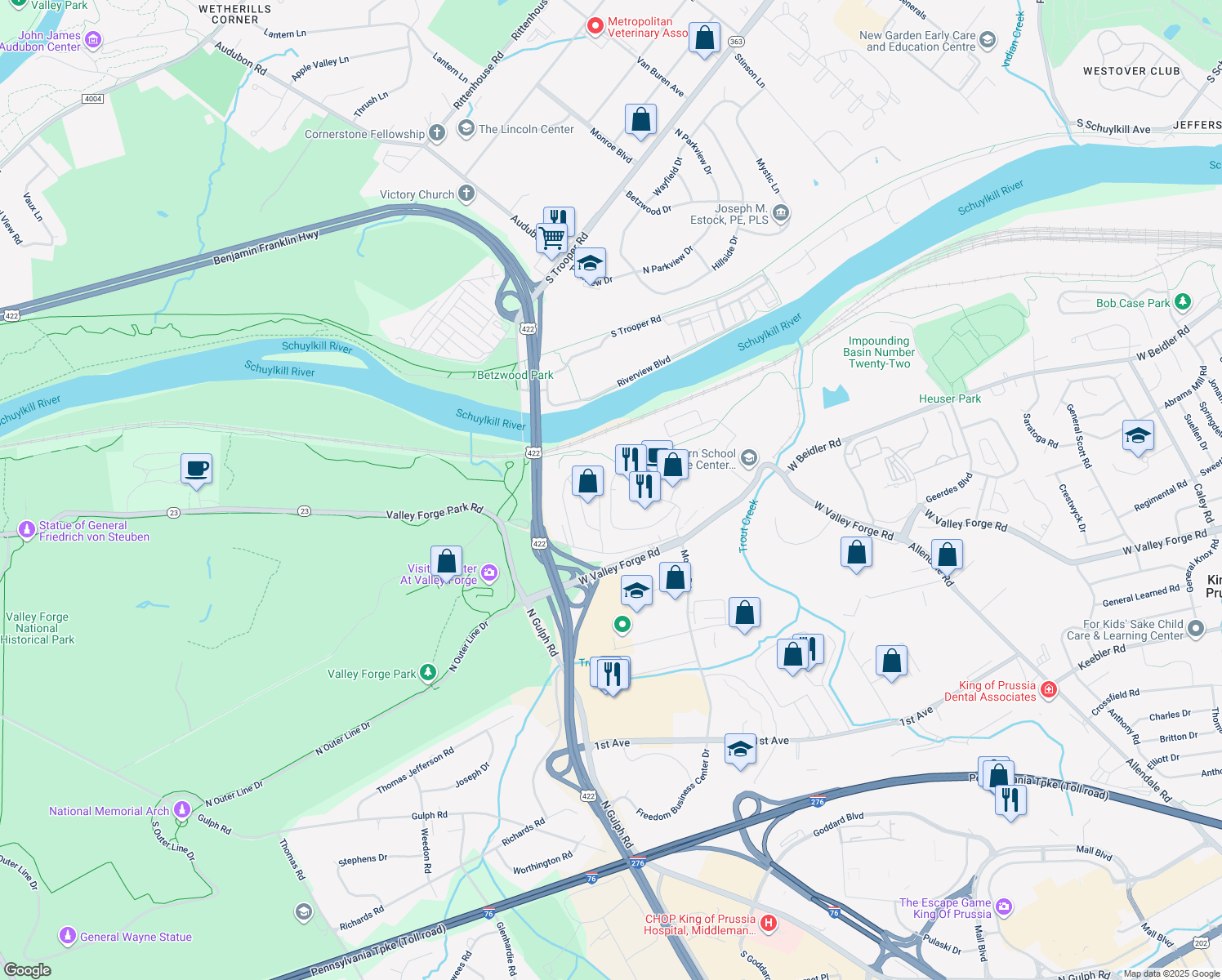 map of restaurants, bars, coffee shops, grocery stores, and more near 10309 Valley Forge Cir in King of Prussia