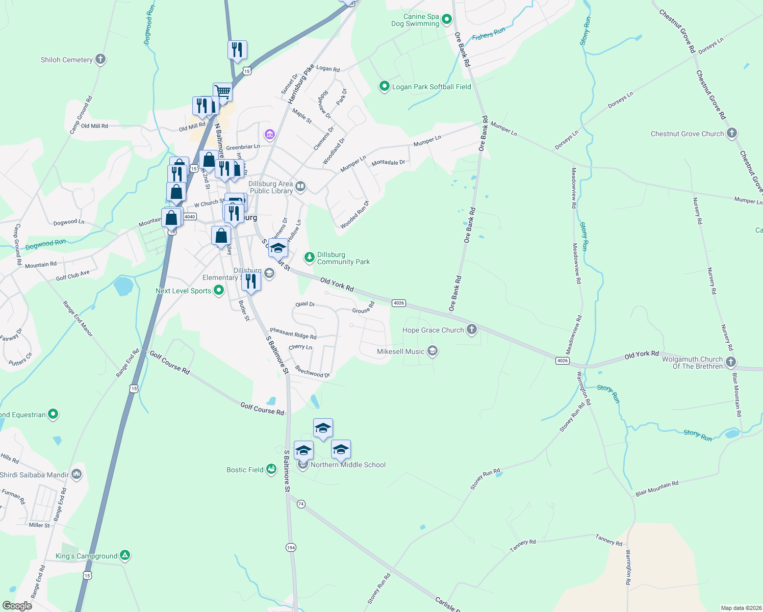 map of restaurants, bars, coffee shops, grocery stores, and more near 54 Old York Rd in Dillsburg