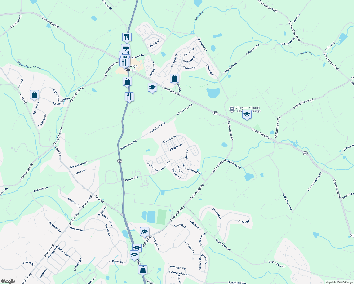 map of restaurants, bars, coffee shops, grocery stores, and more near 1002 Fisher Street in Chester Springs