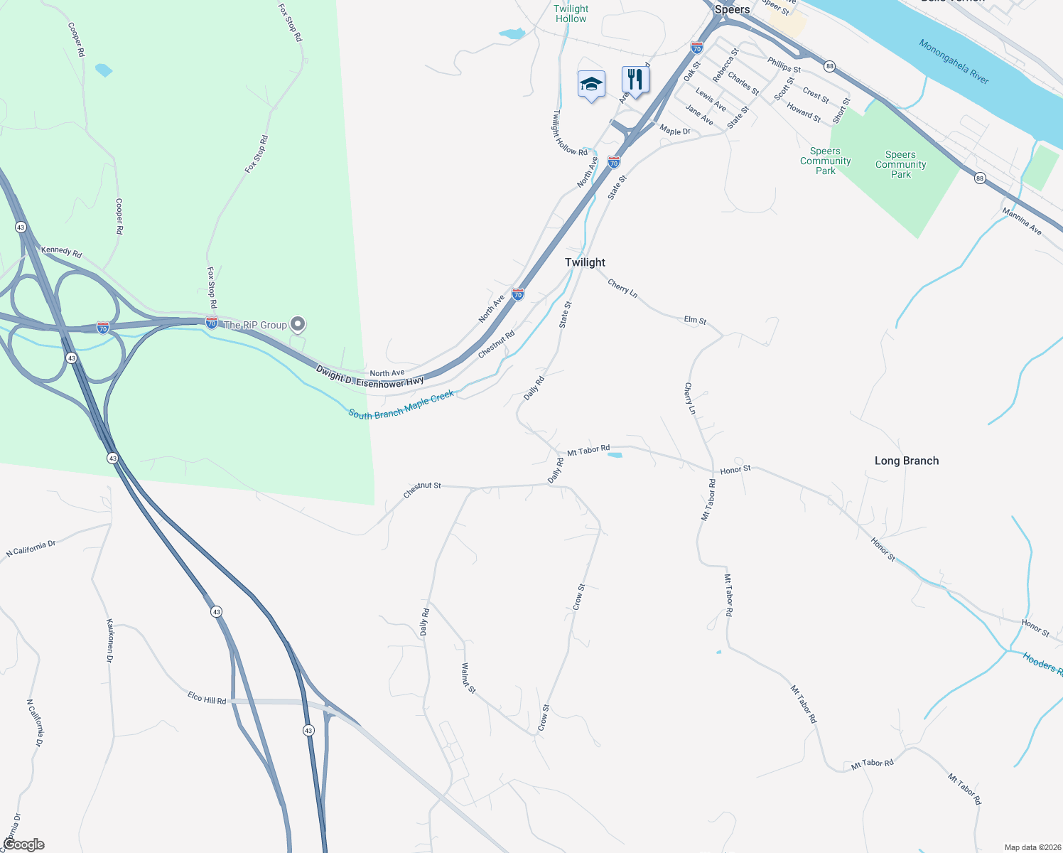 map of restaurants, bars, coffee shops, grocery stores, and more near 127 Dally Road in Charleroi