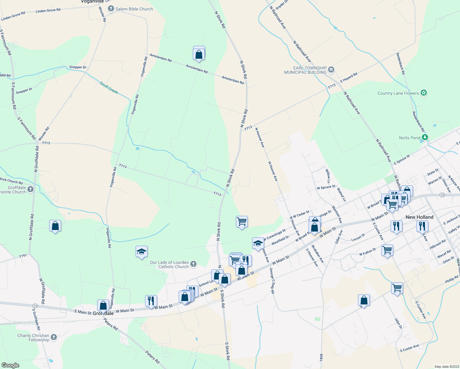map of restaurants, bars, coffee shops, grocery stores, and more near 255 N Shirk Rd in New Holland