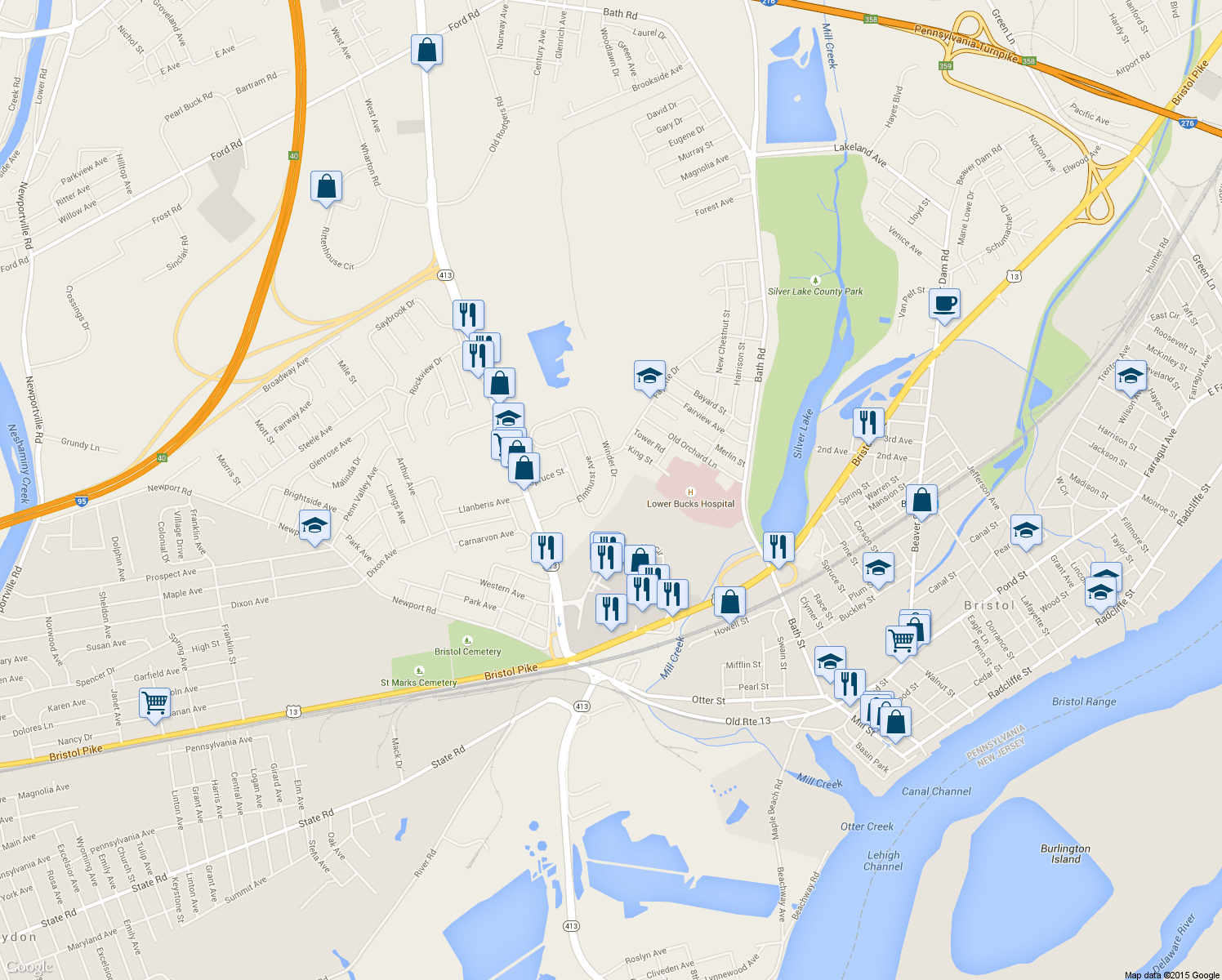 map of restaurants, bars, coffee shops, grocery stores, and more near 823 Winder Drive in Bristol