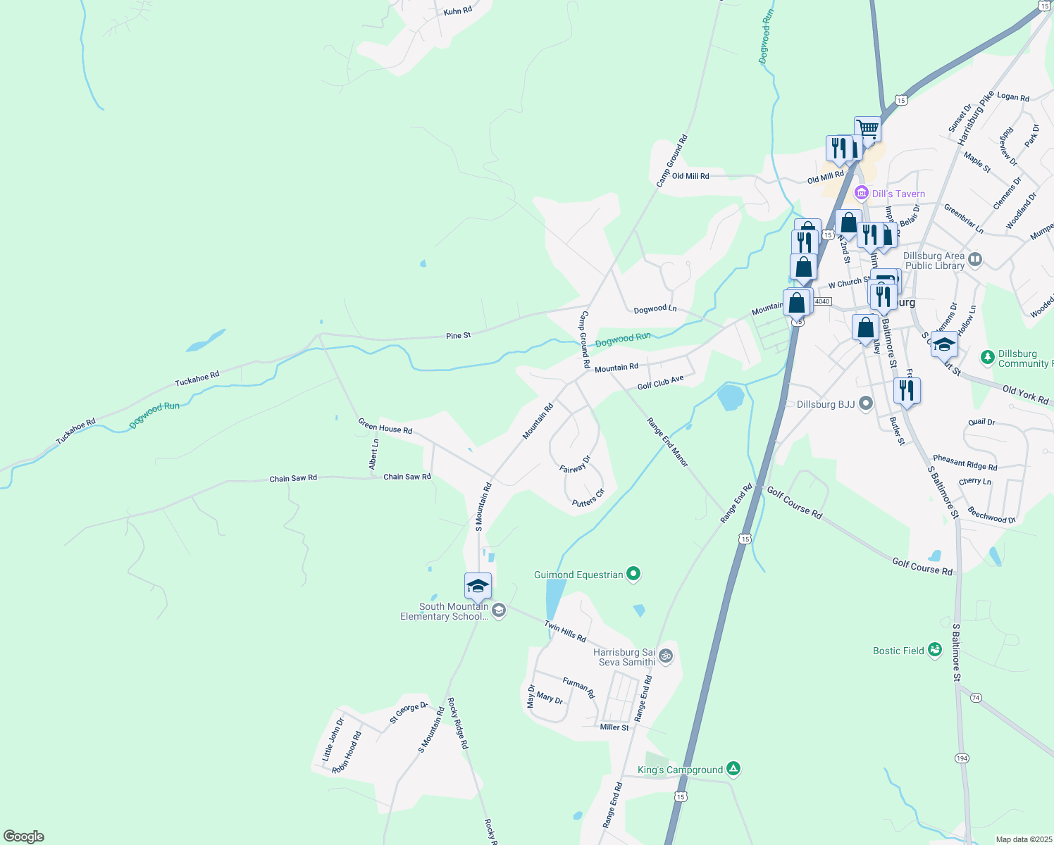 map of restaurants, bars, coffee shops, grocery stores, and more near 530 Mountain Rd in Dillsburg