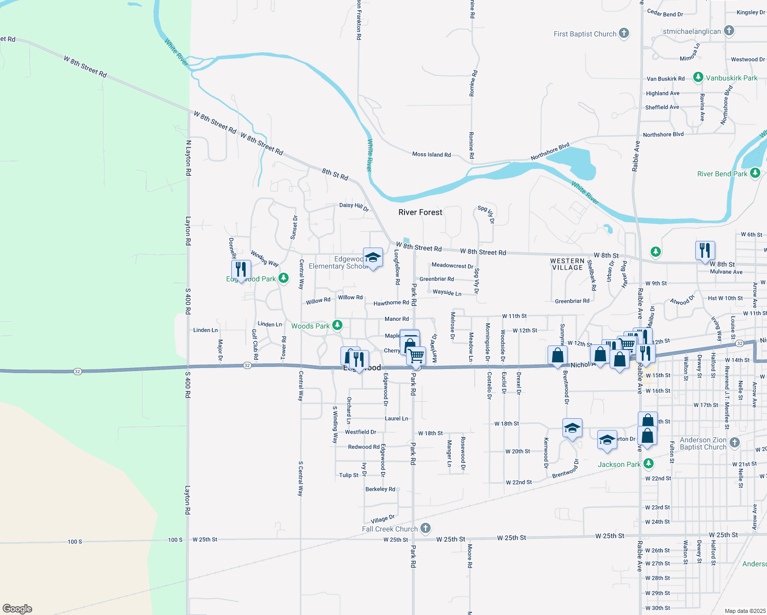 map of restaurants, bars, coffee shops, grocery stores, and more near 3431 Hawthorne Road in Anderson
