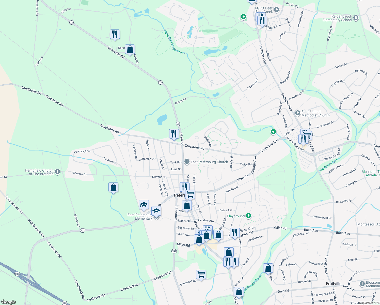 map of restaurants, bars, coffee shops, grocery stores, and more near 2056 Graystone Road in East Petersburg