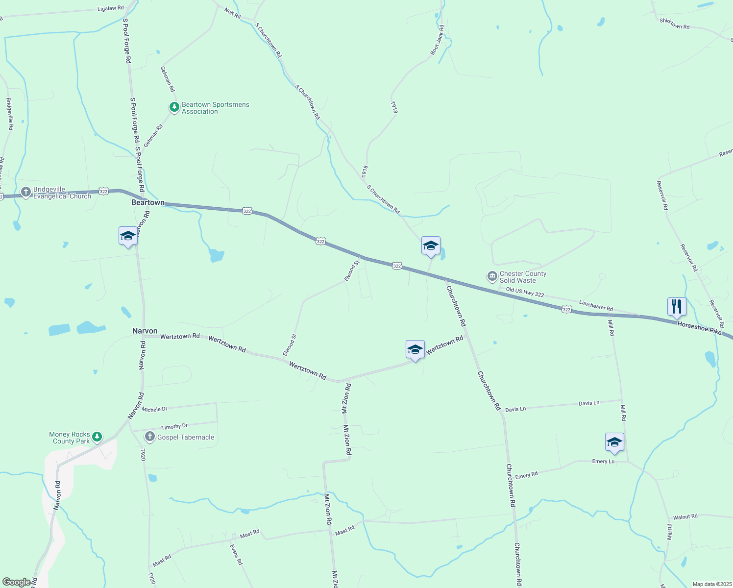 map of restaurants, bars, coffee shops, grocery stores, and more near 1 Mountain Top Ln in Narvon