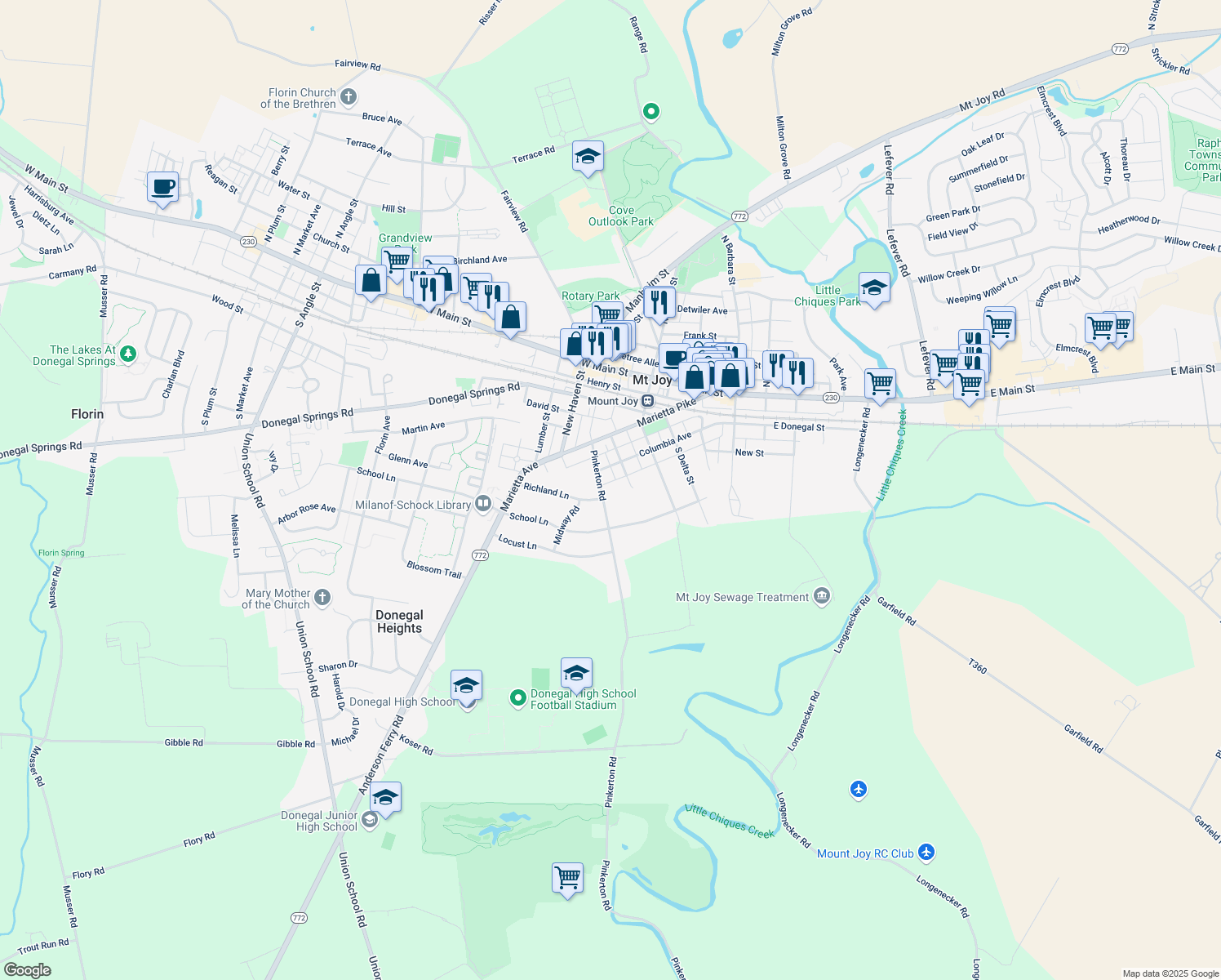 map of restaurants, bars, coffee shops, grocery stores, and more near 206 Pinkerton Road in Mount Joy