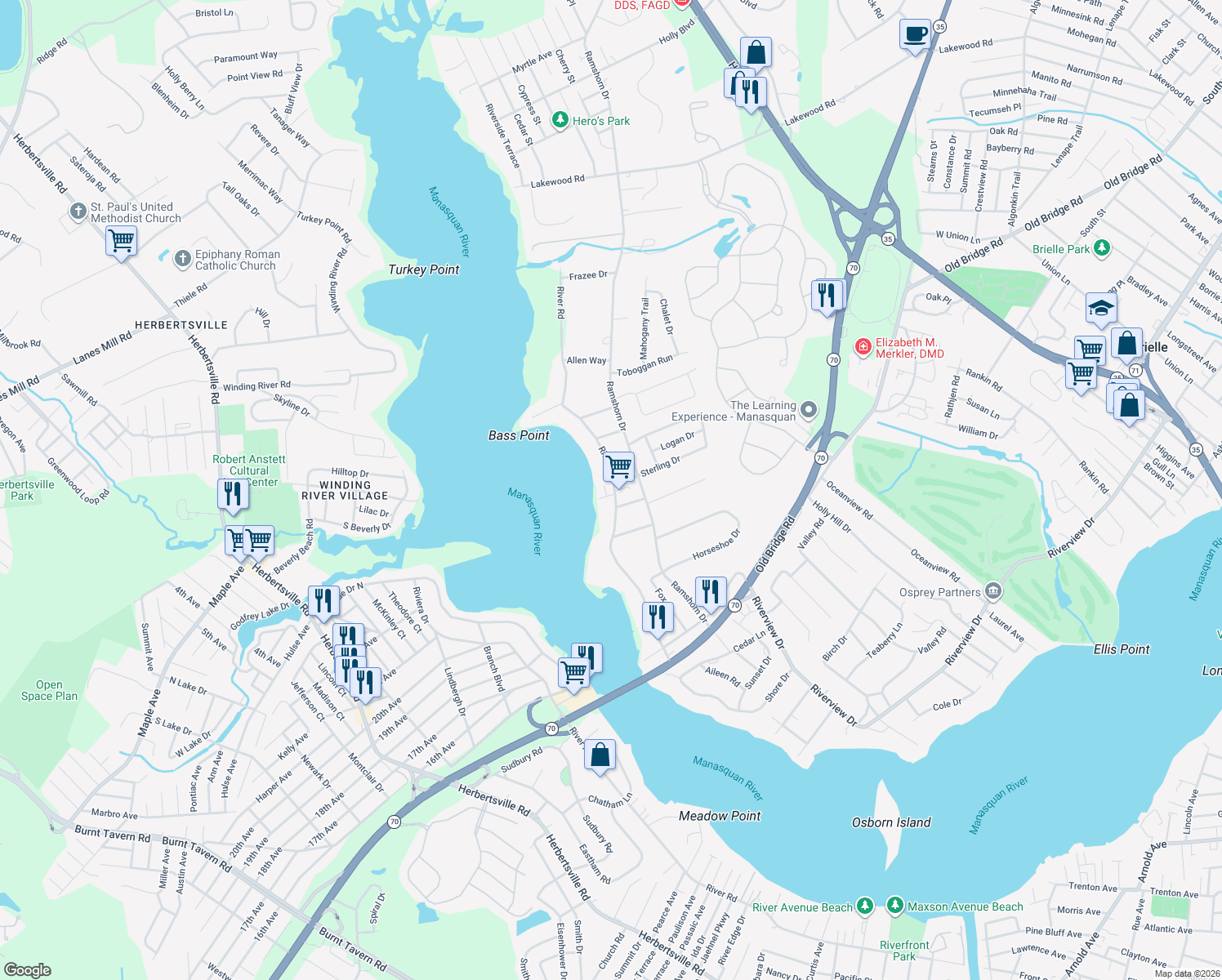 map of restaurants, bars, coffee shops, grocery stores, and more near 2609 River Road in Manasquan
