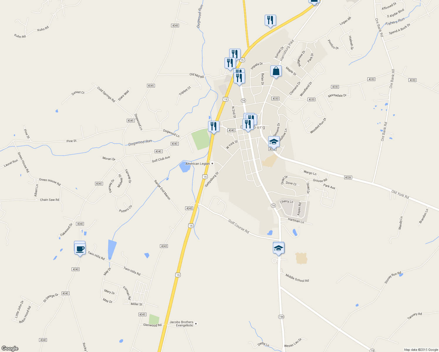 map of restaurants, bars, coffee shops, grocery stores, and more near 311 Gettysburg Street in Dillsburg