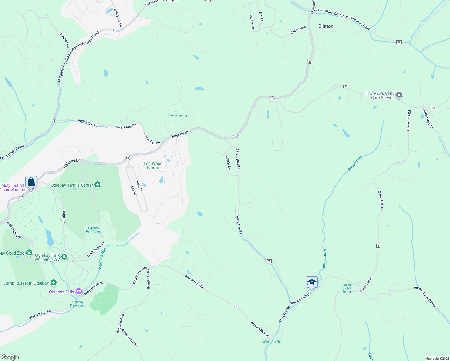 map of restaurants, bars, coffee shops, grocery stores, and more near 2 Station Lane in Wheeling