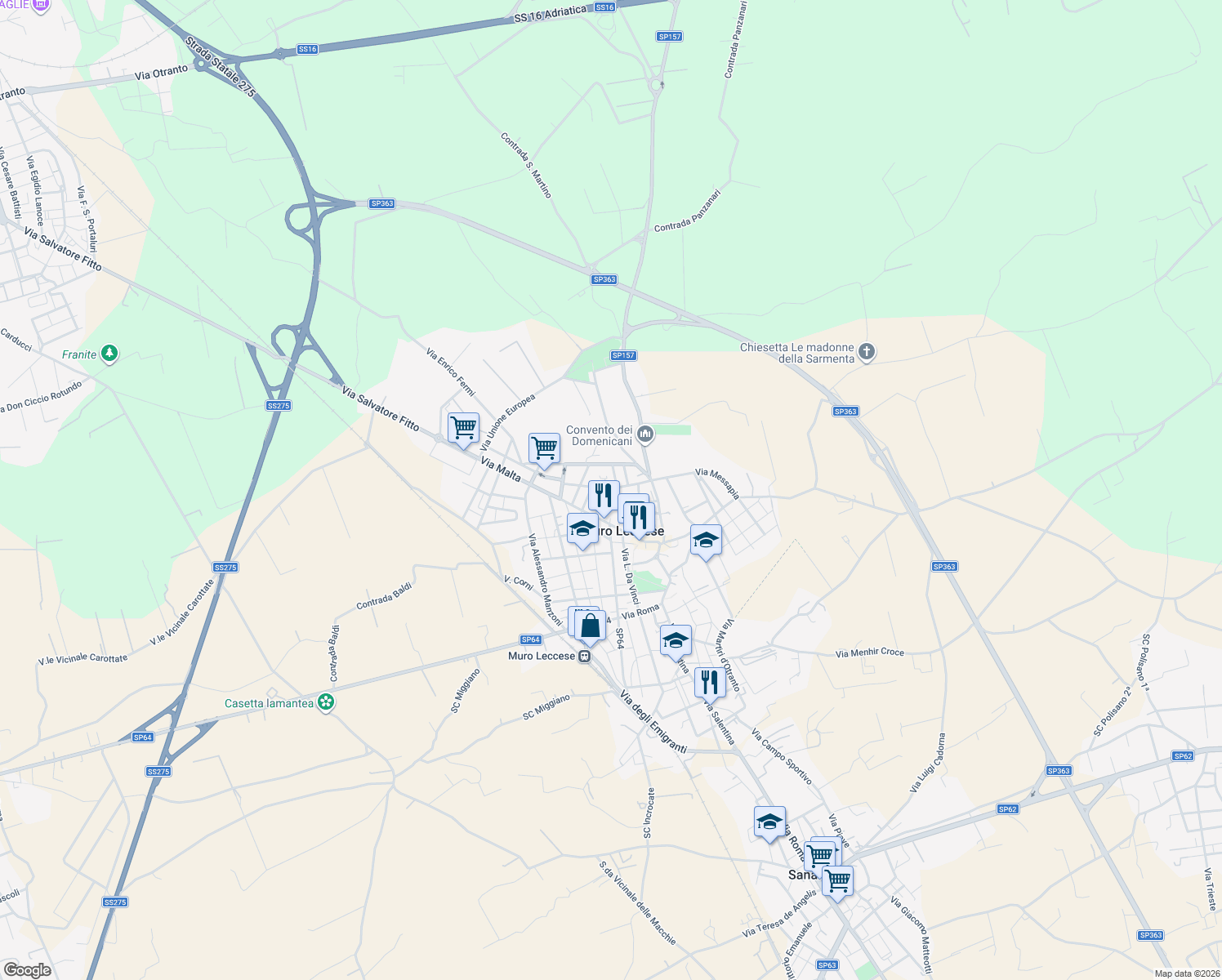 map of restaurants, bars, coffee shops, grocery stores, and more near 9 Via XXIV Maggio in Muro Leccese