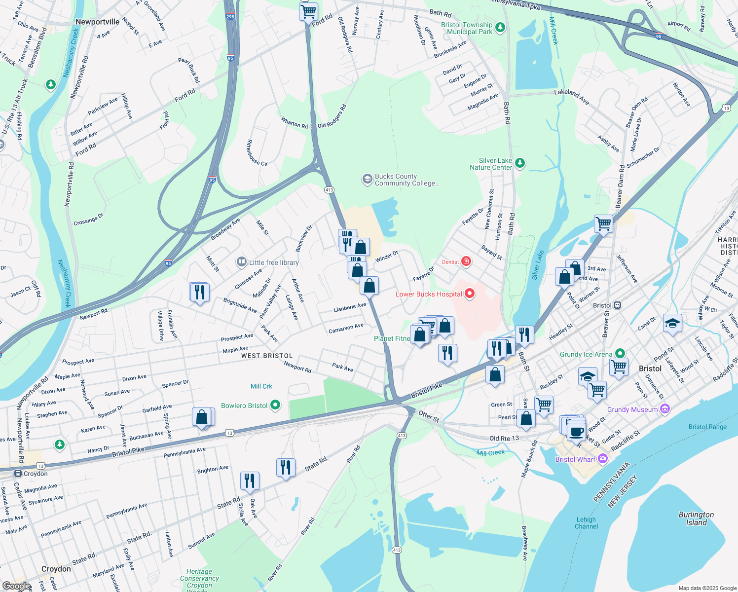 map of restaurants, bars, coffee shops, grocery stores, and more near 800 Veterans Highway in Bristol