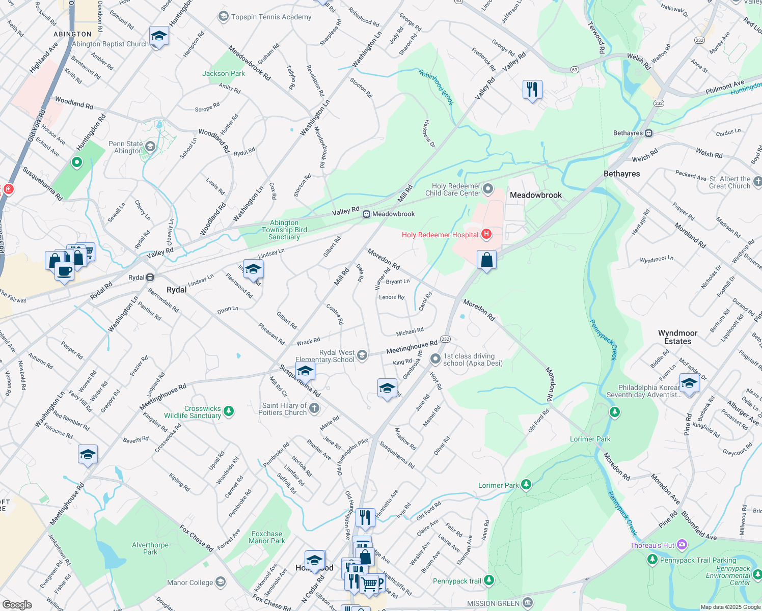 map of restaurants, bars, coffee shops, grocery stores, and more near 1349 Warner Road in Meadowbrook
