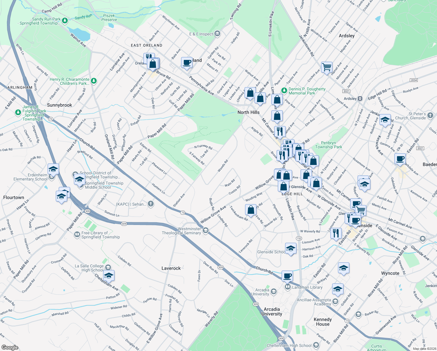 map of restaurants, bars, coffee shops, grocery stores, and more near 316 Woods Rd in Glenside