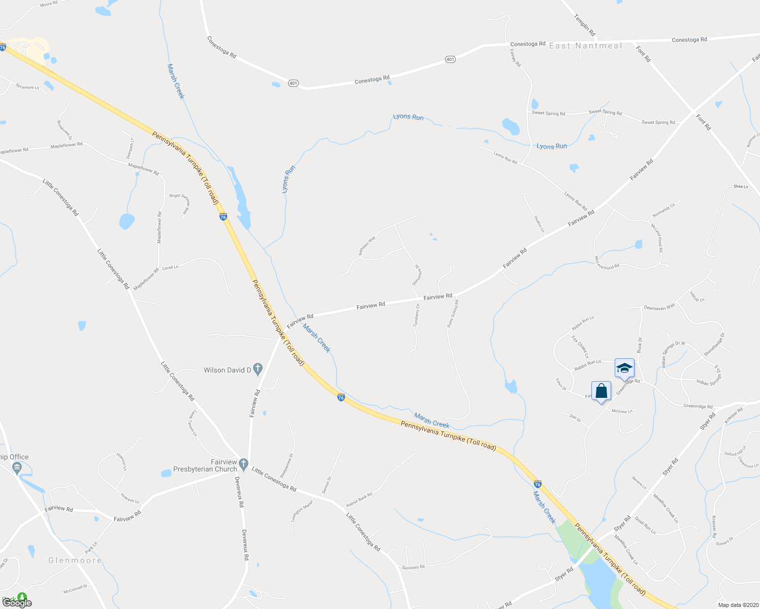 map of restaurants, bars, coffee shops, grocery stores, and more near 995 Fairview Road in Glenmoore