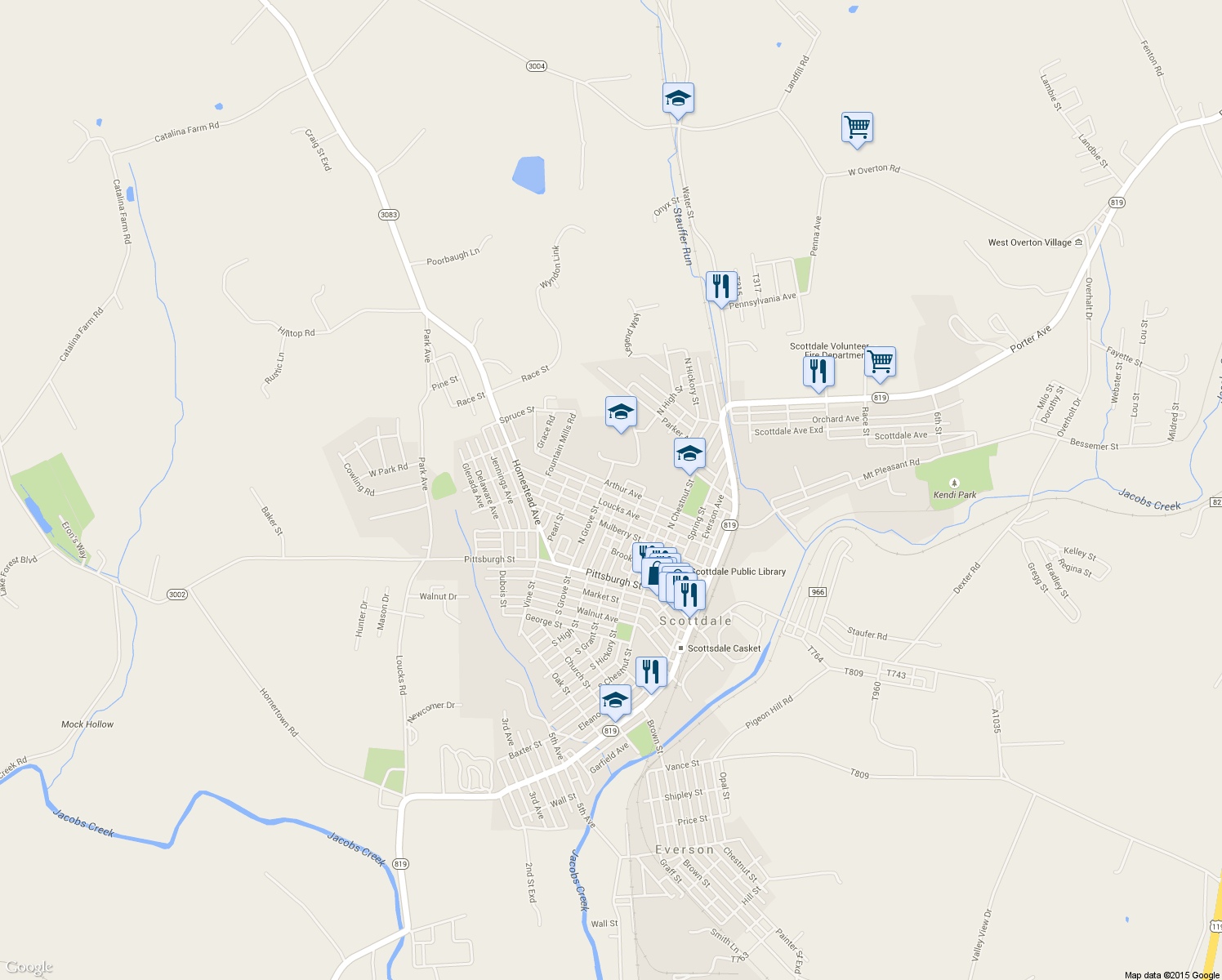 map of restaurants, bars, coffee shops, grocery stores, and more near 705 Arthur Ave in Scottdale
