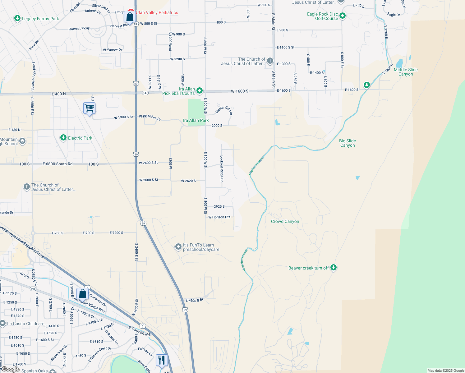 map of restaurants, bars, coffee shops, grocery stores, and more near 662 Overlook Ridge Drive in Mapleton