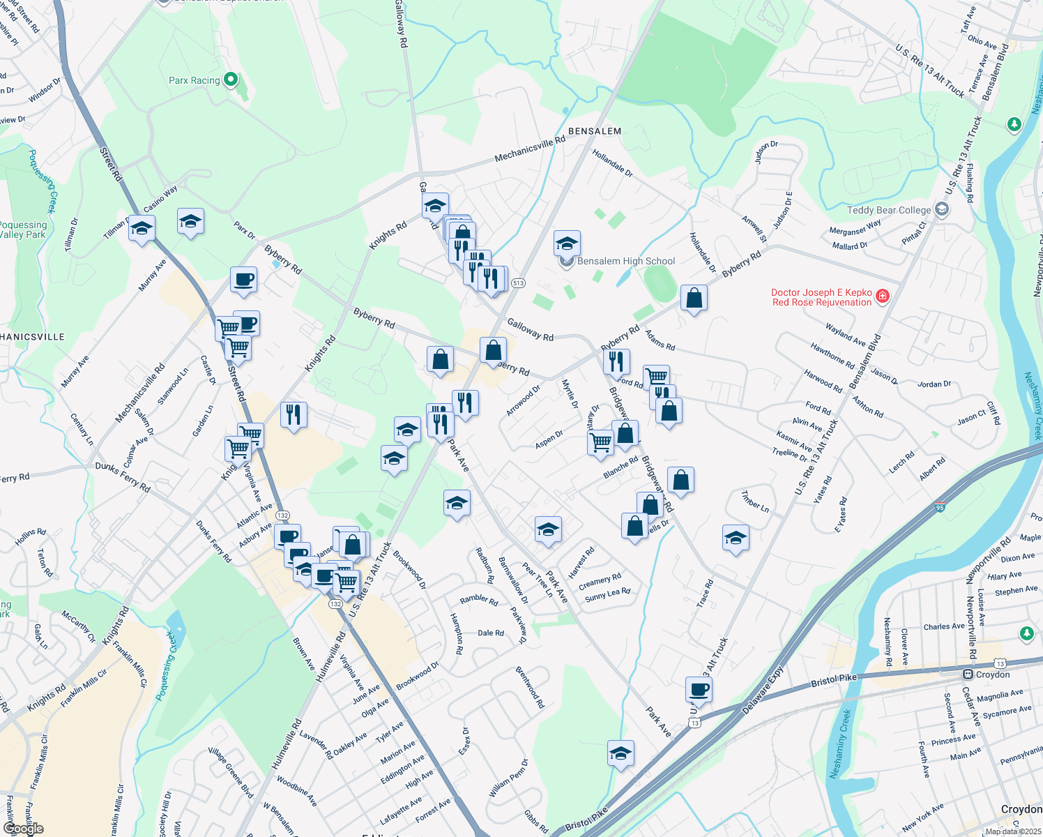 map of restaurants, bars, coffee shops, grocery stores, and more near 1931 Inkberry Lane in Bensalem