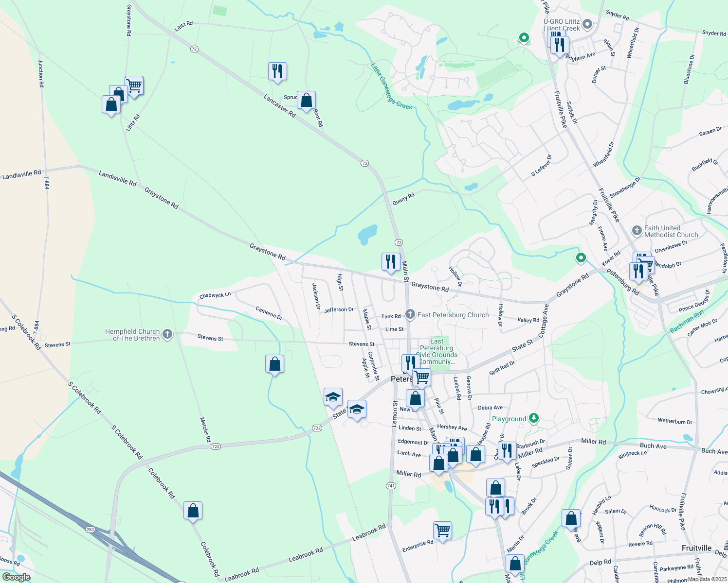 map of restaurants, bars, coffee shops, grocery stores, and more near 6470 Lemon Street in East Petersburg