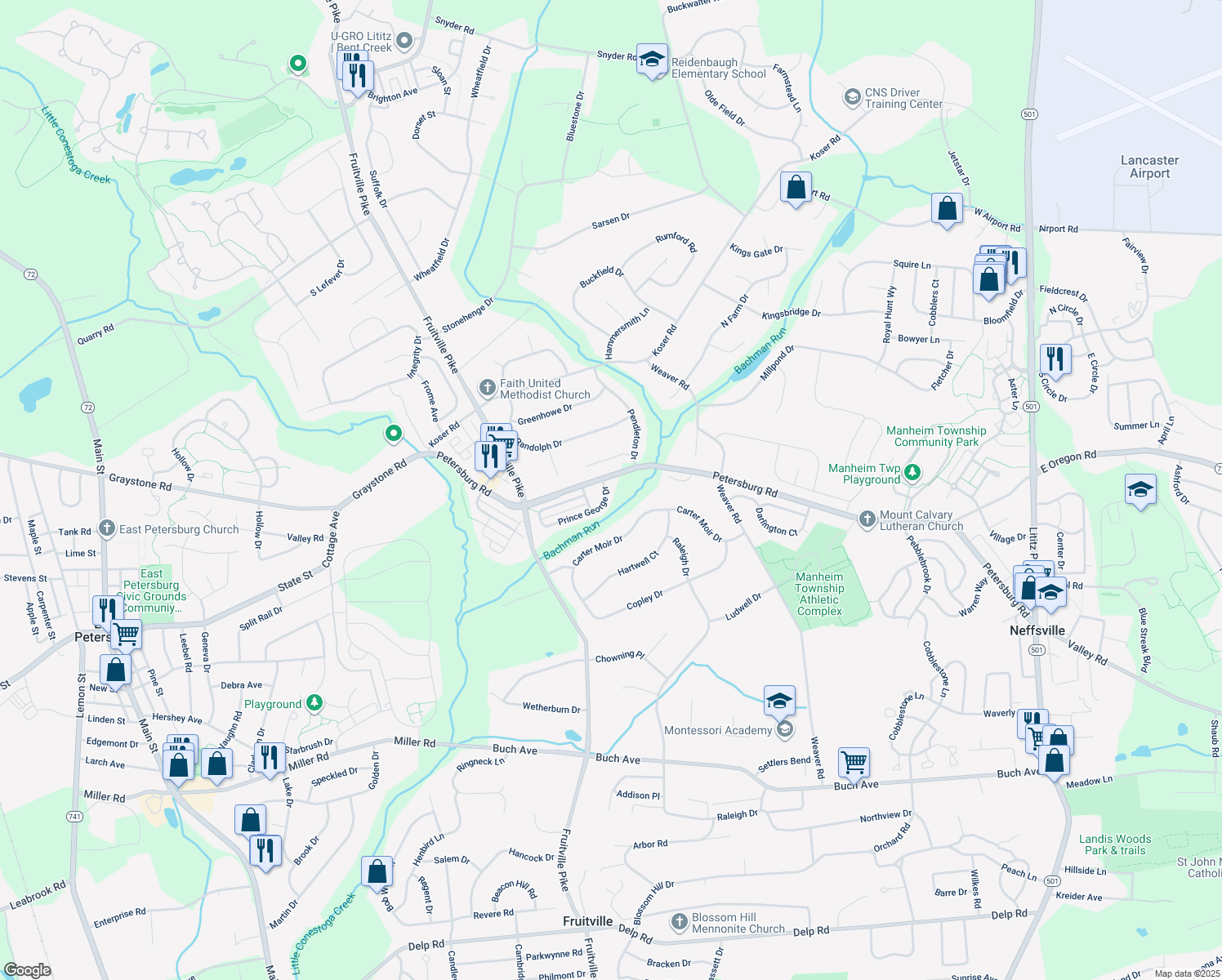 map of restaurants, bars, coffee shops, grocery stores, and more near 626 Prince George Drive in Lancaster