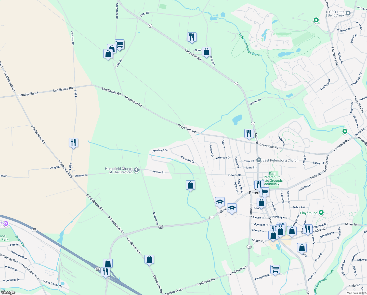 map of restaurants, bars, coffee shops, grocery stores, and more near 1509 Chadwyck Lane in Manheim