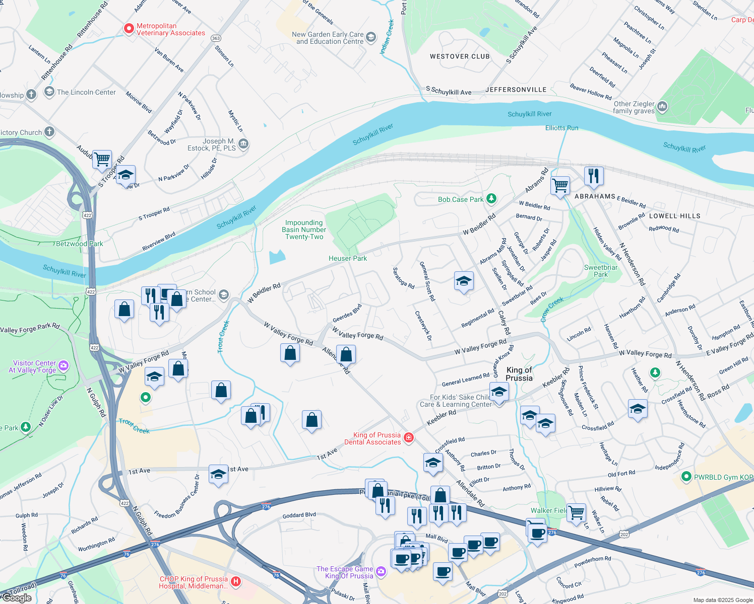 map of restaurants, bars, coffee shops, grocery stores, and more near 703 Whitetail Circle in King of Prussia