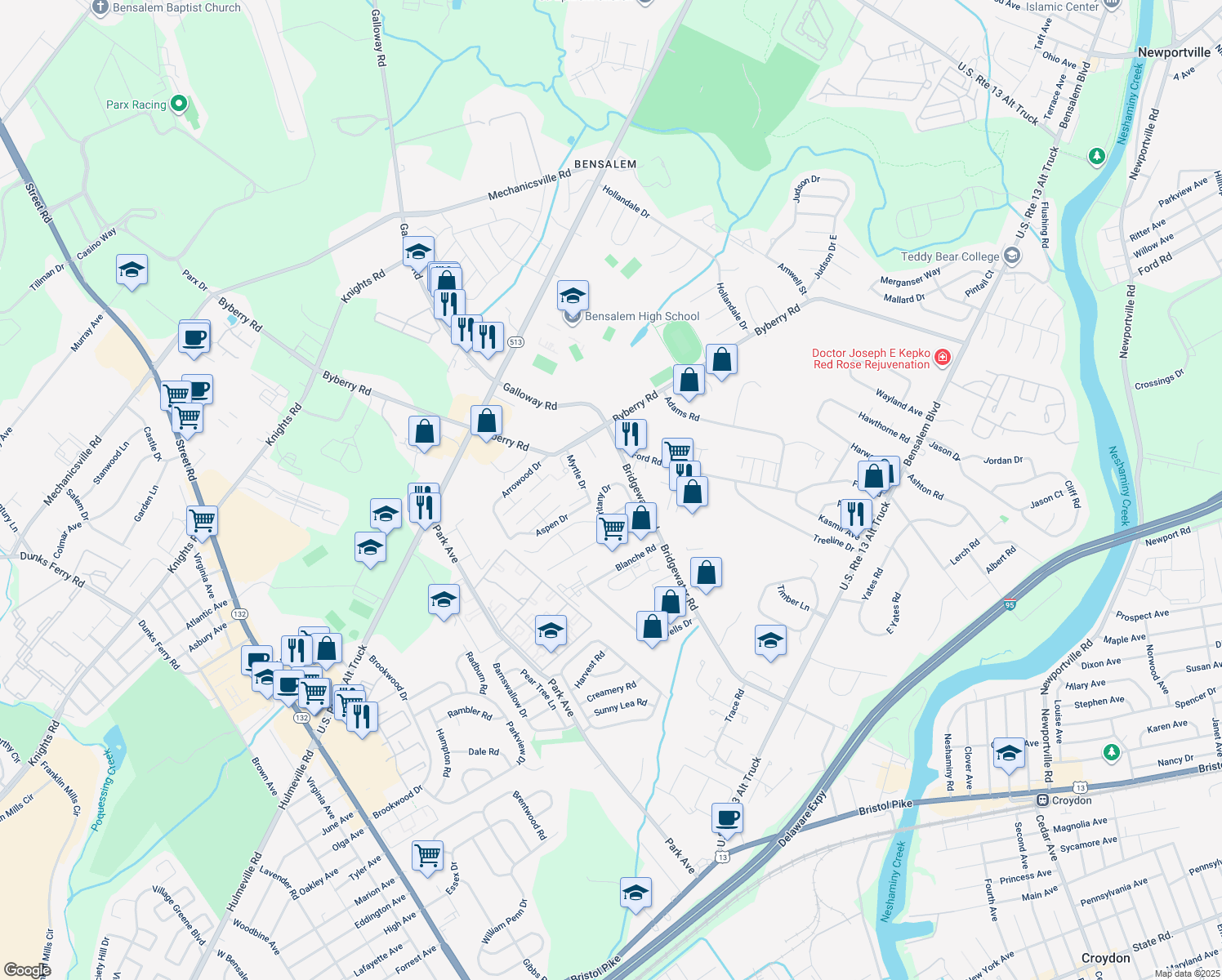 map of restaurants, bars, coffee shops, grocery stores, and more near 1624 Britany Drive in Bensalem