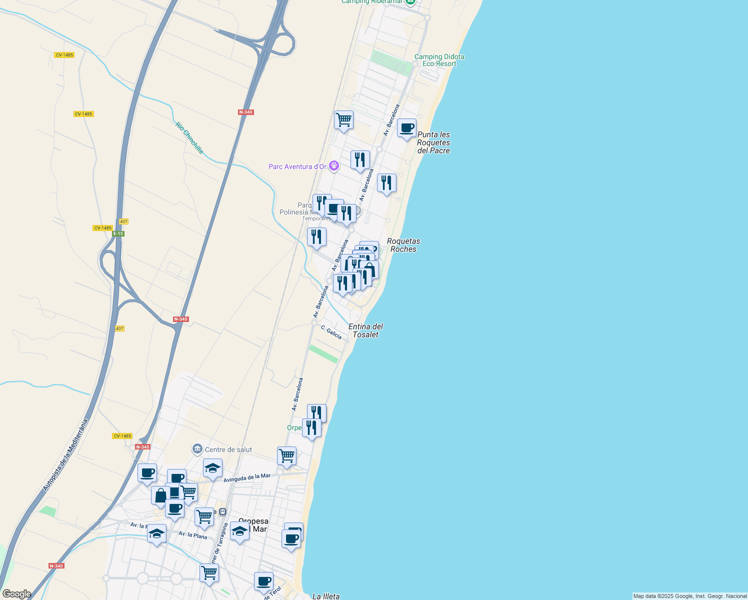 map of restaurants, bars, coffee shops, grocery stores, and more near 102 Passeig Marítim del Mediterrani in Orpesa