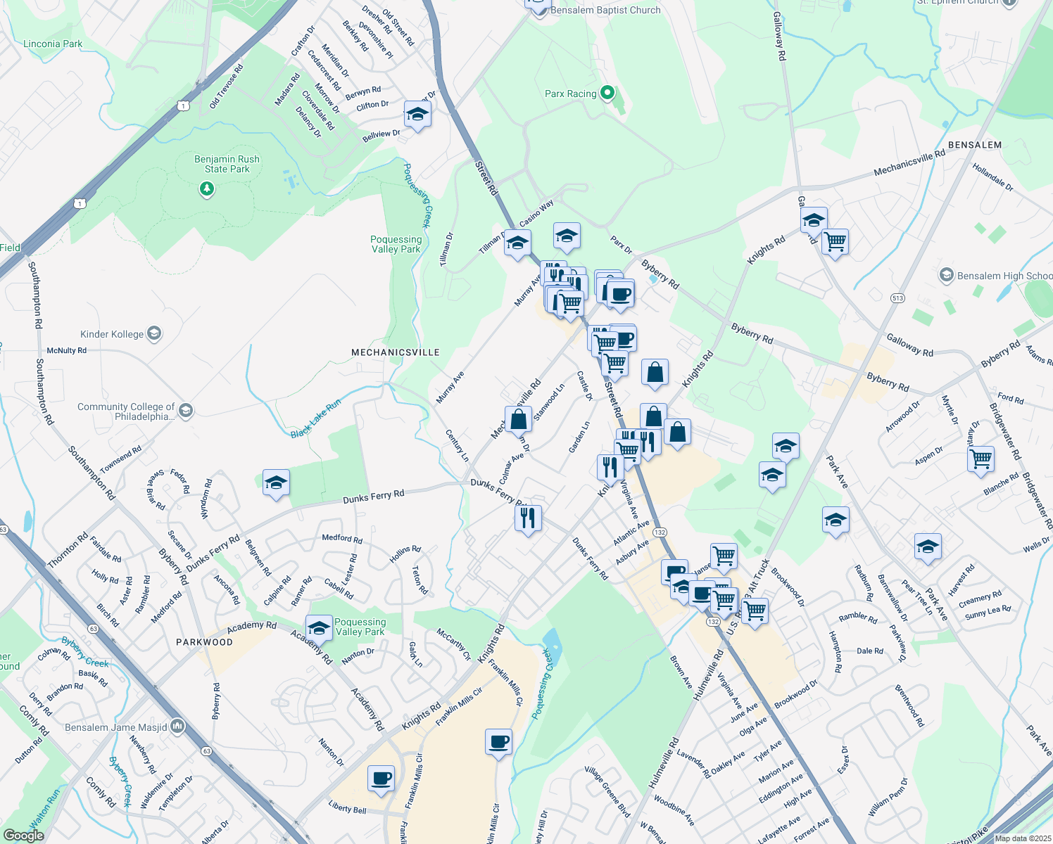 map of restaurants, bars, coffee shops, grocery stores, and more near 2718 Stanwood Lane in Bensalem