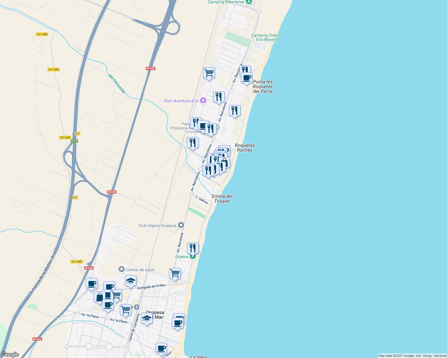 map of restaurants, bars, coffee shops, grocery stores, and more near 102 Passeig Marítim del Mediterrani in Orpesa