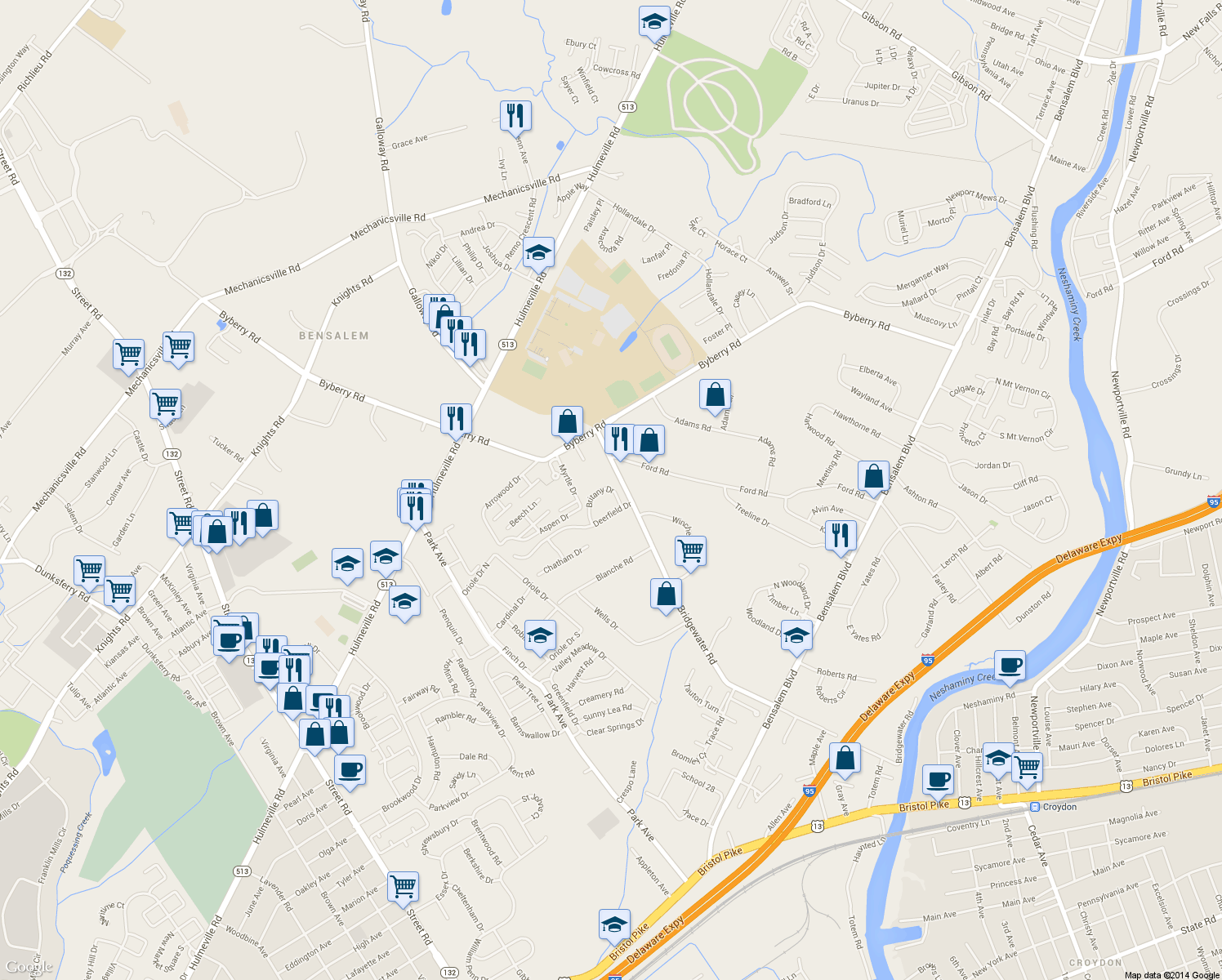 map of restaurants, bars, coffee shops, grocery stores, and more near 1629 Britany Drive in Bensalem