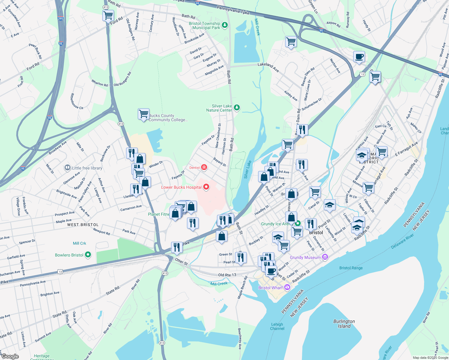 map of restaurants, bars, coffee shops, grocery stores, and more near 719 Merlin Street in Bristol