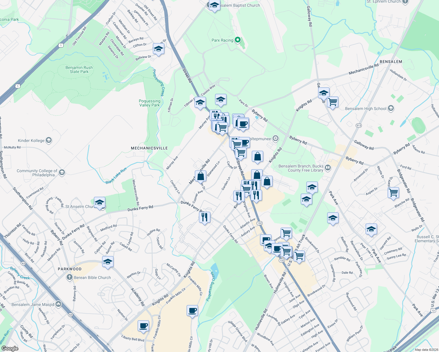 map of restaurants, bars, coffee shops, grocery stores, and more near 2816 Colmar Avenue in Bensalem