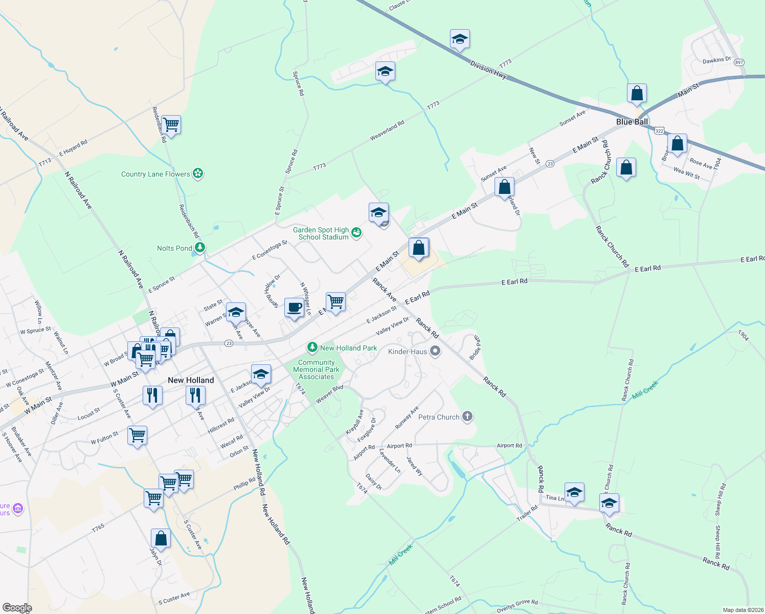 map of restaurants, bars, coffee shops, grocery stores, and more near 593 E Jackson St in New Holland